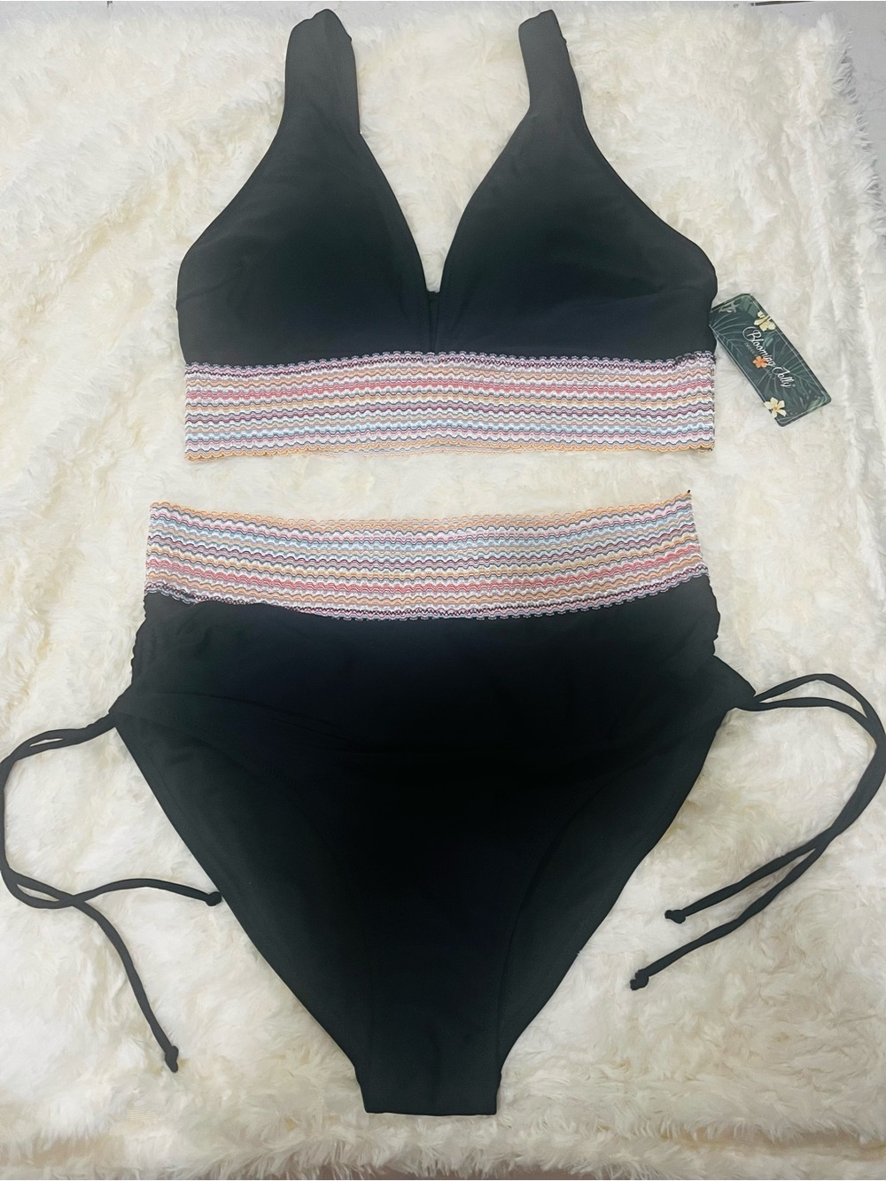 Black High-Waist Bikini Set with Multicolor Trim